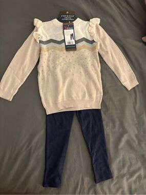 Andy & Evan Cream and Navy Ruffled Sweater Legging Set - Size 3T